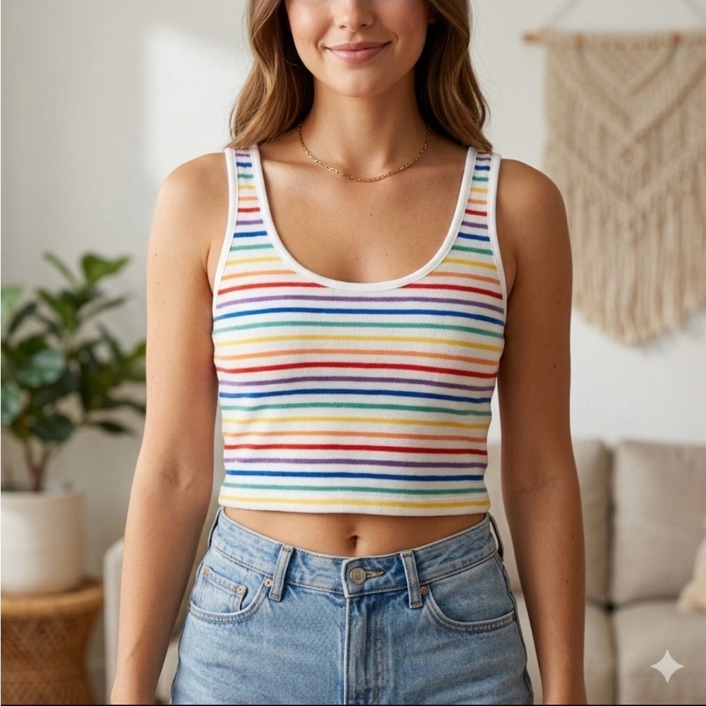 SO White Multicolor Striped Ribbed Crop Tank